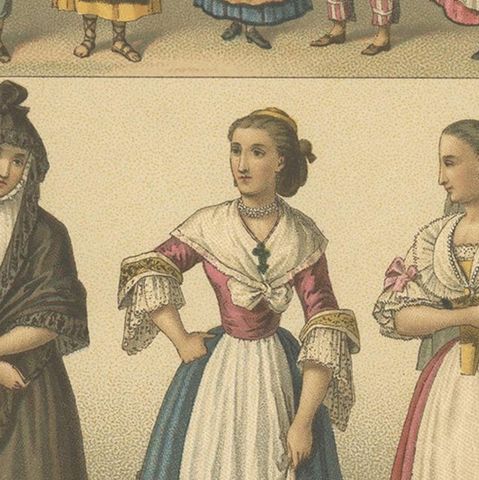 Antique Print of Spanish Costumes by Racinet, 'circa 1880', close-up 2