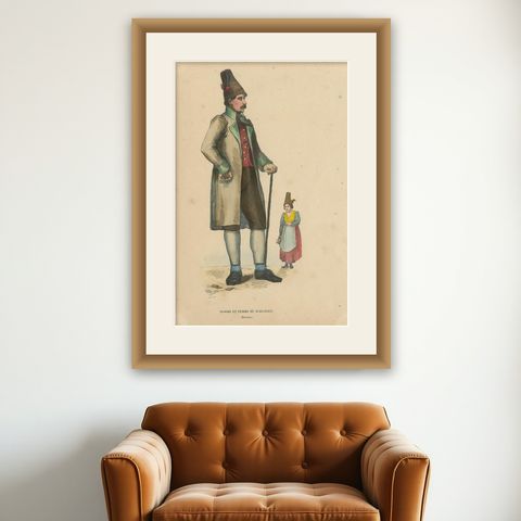 Antique Costume Print of Figures from Schliersee by Wahlen, 1843, shown framed on a wall