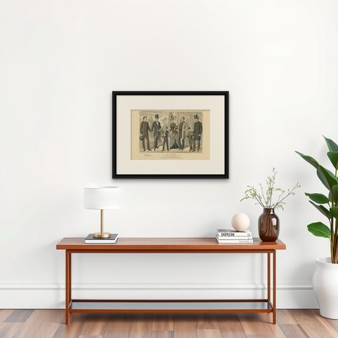 Antique Fashion Print of Gentlemen and Woman in France, 1887, shown framed on a wall