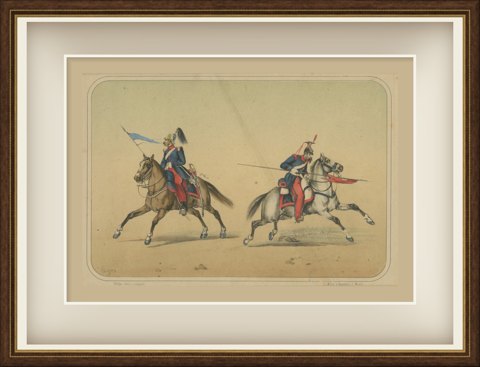 Spanish Lancers at the Charge, Villegas, Hand Colored Lithograph, 1861, shown framed