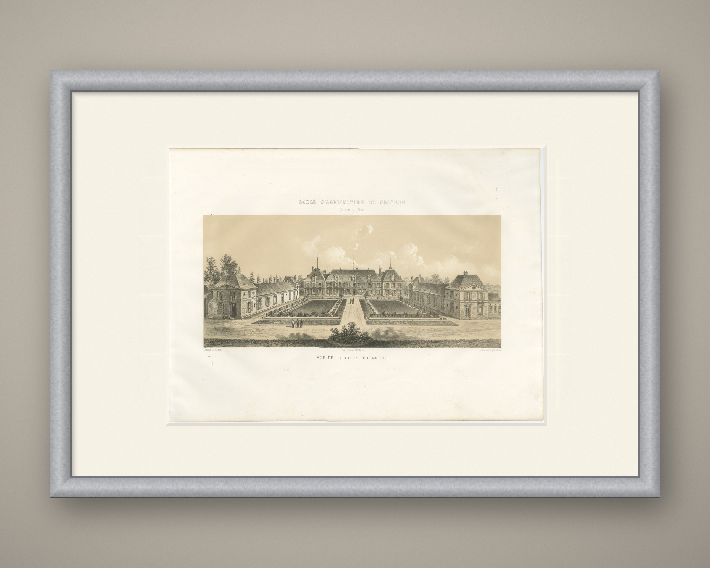 Grignon Agricultural School, Court of Honour, Antique Print, 1873, shown framed