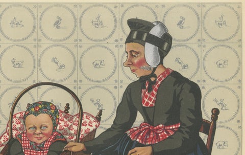 Charming Dutch Folk Art Print of Staphorst Mother and Children in Costume, 1932, close-up 3