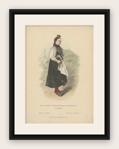Antique Print of a Woman from Montafon in Winter Costume, circa 1880, shown framed