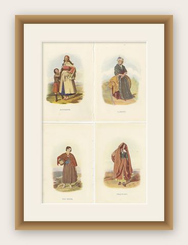Set of 4 Original Antique Prints of Costumes of the Clans of Scotland 'Women', shown framed