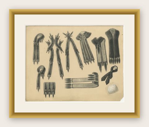 French Art Nouveau Fashion Design of Fur Stoles and Scarves, c.1910, shown framed