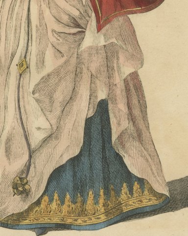 Lady of Quality in France with a Red Striped Cape, Jefferys Costume Plate, 1757, close-up 2
