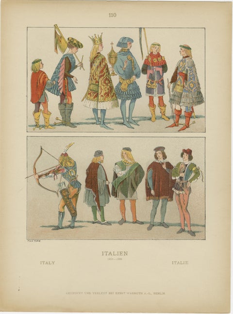 Italy 10th–16th Century, Set of Eight Antique Hand-Colored Costume Prints, 1880, view 6