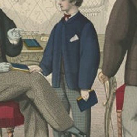 Antique Fashion Print of Men and Women Illustrating the Fashion Trends of 1865, close-up 2