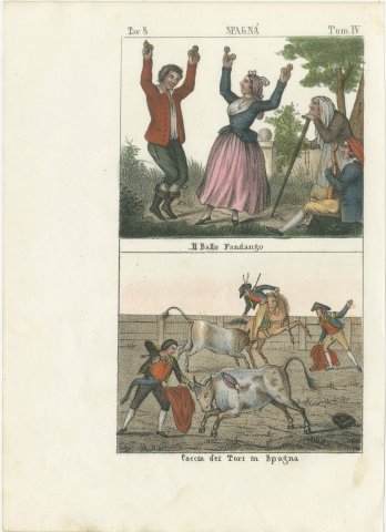 The Fandango Dance and a Spanish Bullfight, Hand Colored Lithograph, 1842, view 2