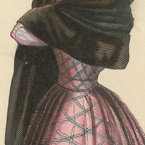 Antique Costume Print of a Lady in Traditional Spanish Costume by Wahlen, 1843, close-up 1