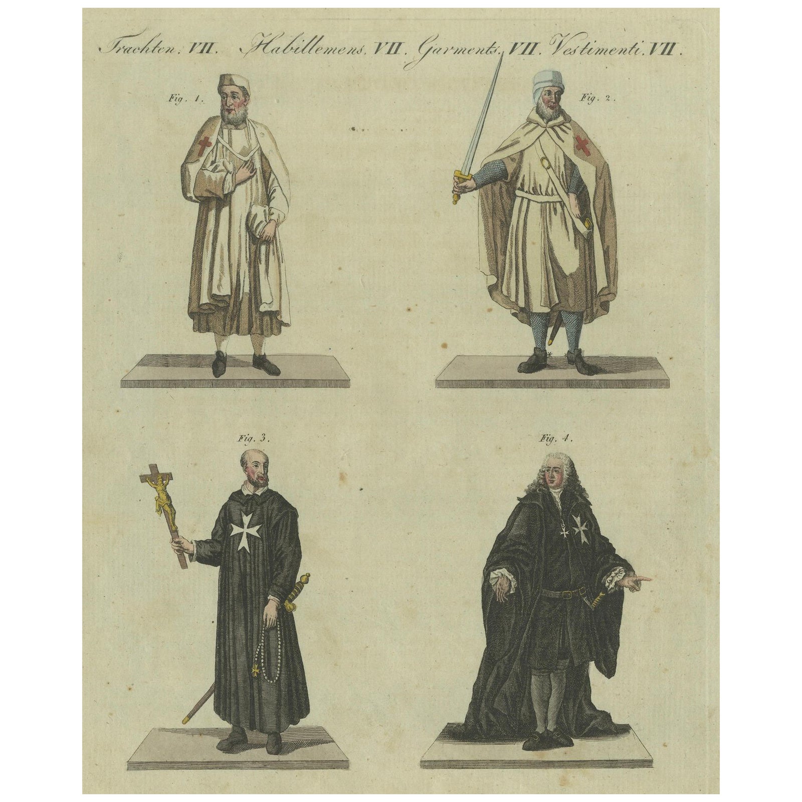 Knights Templar and Clergy: Hand-Colored Engraving of Historical Attire (1805)