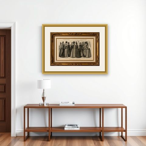 Large Antique French Fashion Plate, Winter Costumes Paris, c.1880, shown framed on a wall