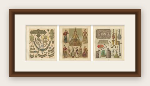 Asian Costume & Decorative Arts Lithographs, Hand Colored, Paris c.1888 Set of 3, shown framed