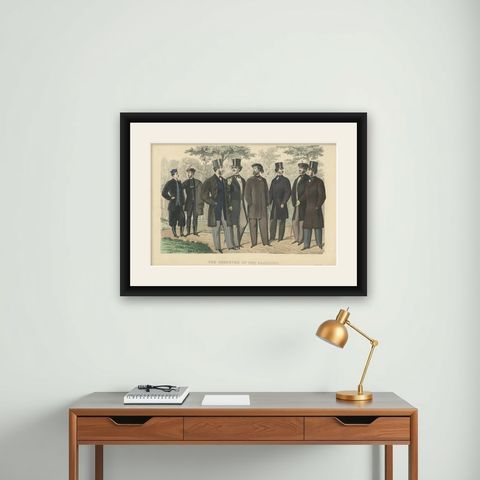 Antique Fashion Prints Showing the Trends of Men in the Year 1861, shown framed on a wall