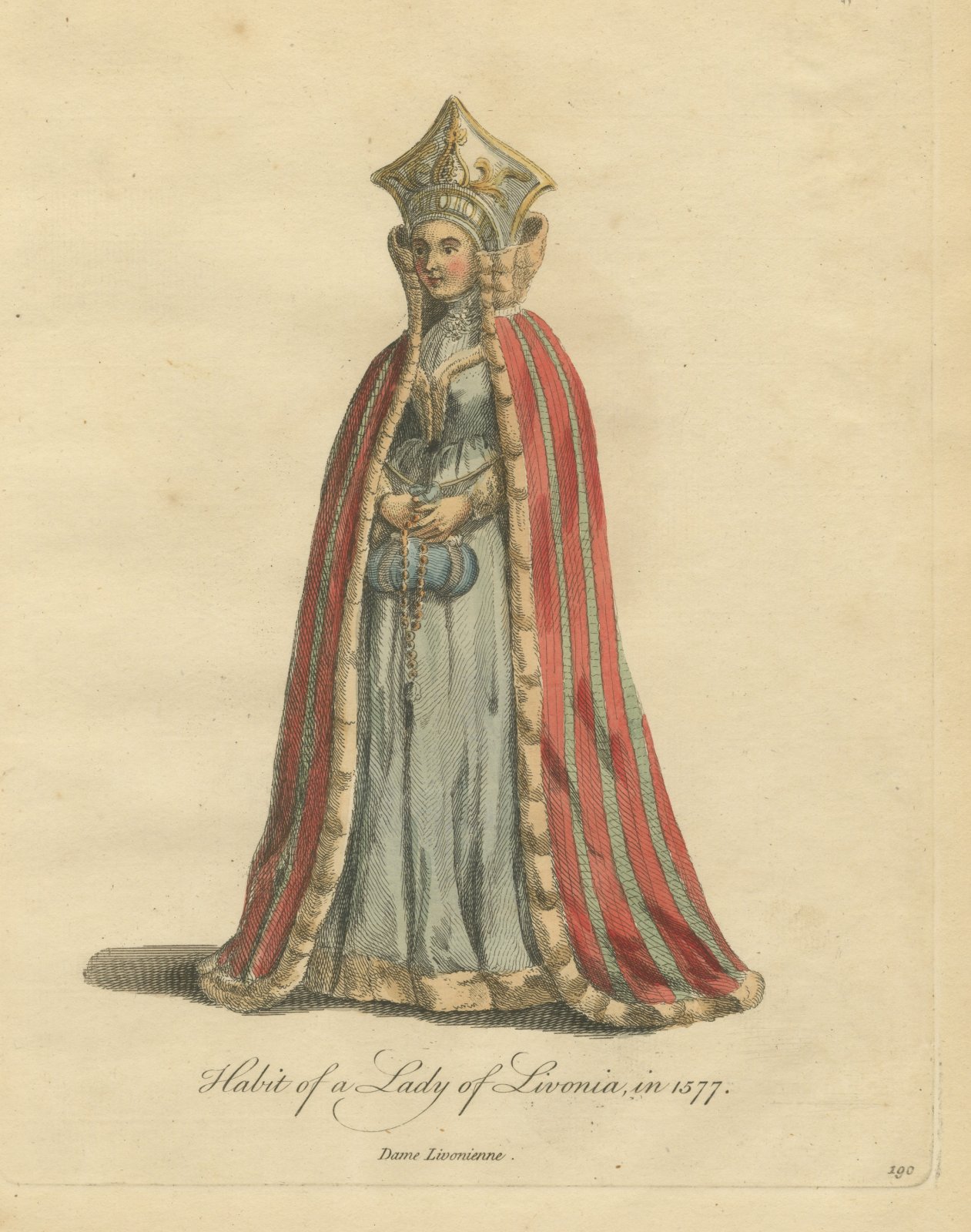 Habit of a Lady of Livonia in 1577, Hand Colored Jefferys Costume Plate, 1757