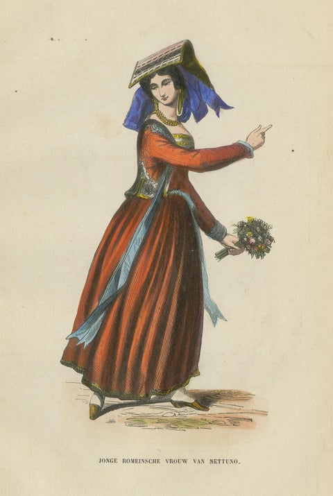 Young Roman Woman of Nettuno (near Rome) - Antique Costume Lithograph, c.1852, close-up 2