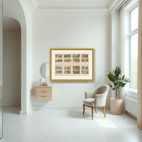 Italy 10th–16th Century, Set of Eight Antique Hand-Colored Costume Prints, 1880, shown framed in a room