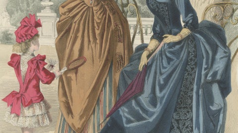 French Fashion Print, Ladies with Parasol & Child Scene, Hand-Colored, c.1887, close-up 2