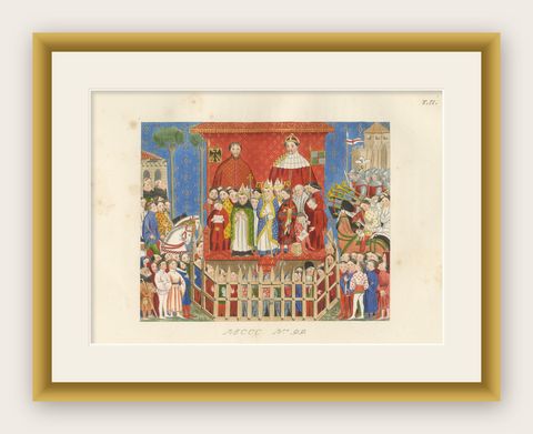 Medieval Coronation Ceremony, Hand-Colored Costume Plate by Paul Mercuri, 1845, shown framed