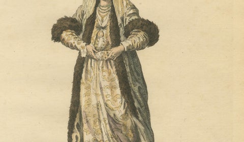 Antique Costume Print Grecian Lady Bridal Dress Jefferys, 1749, close-up 4
