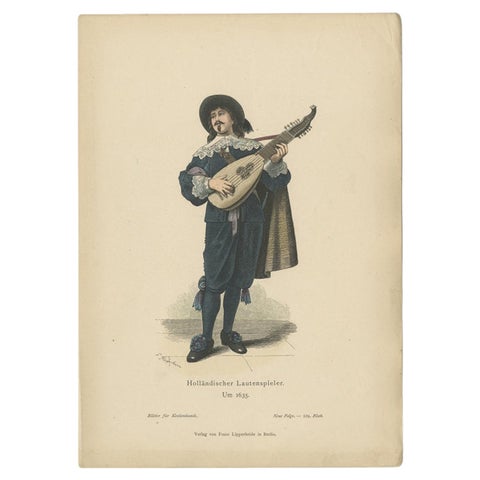 Antique Costume Print of a Lute Player from Holland, c.1880