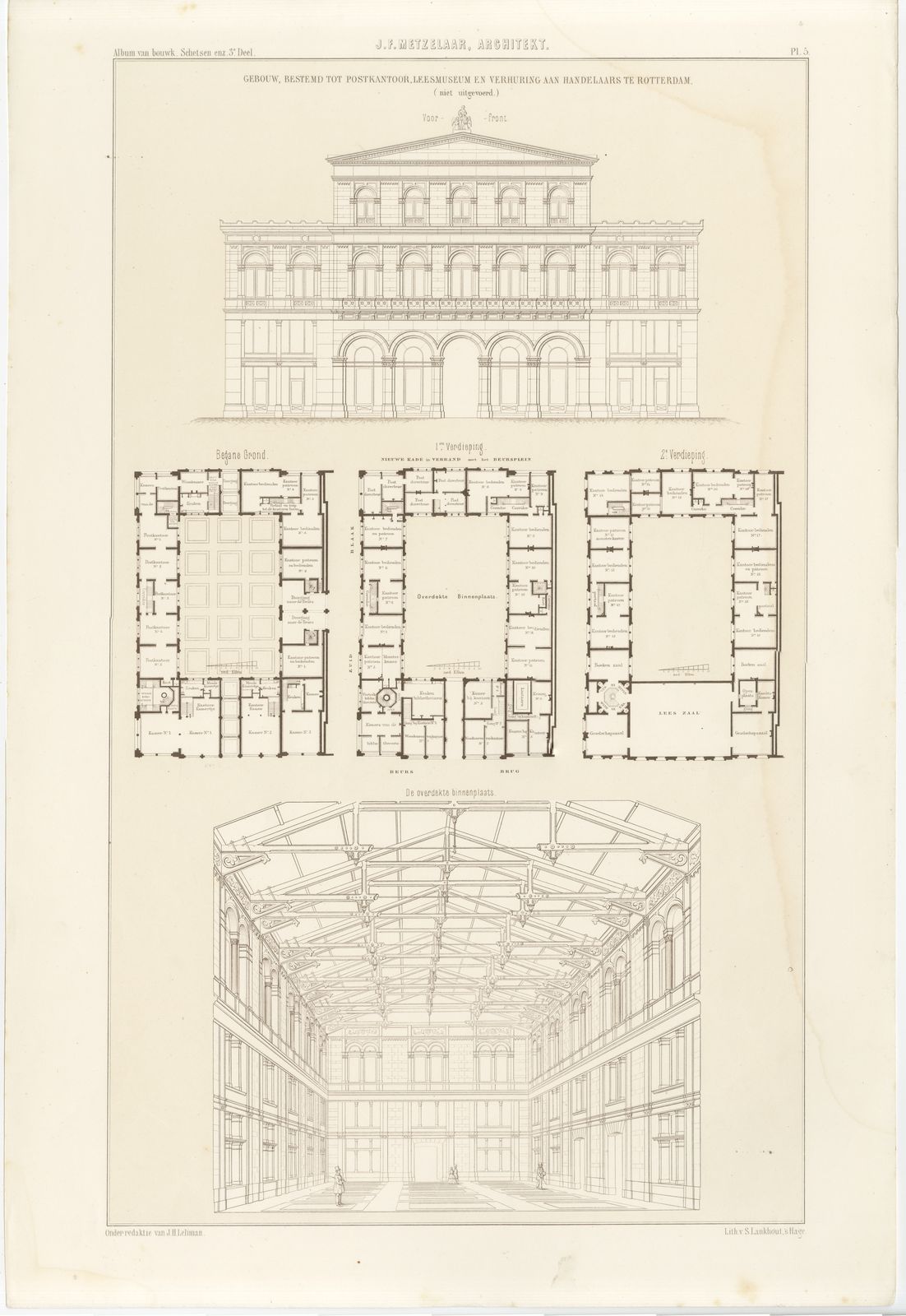 Unbuilt Rotterdam Post Office, Dutch Architecture Print, Leliman, 1865-1866