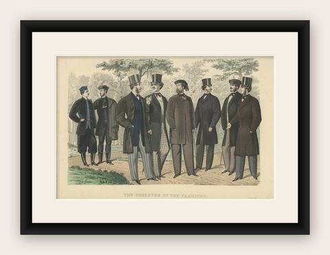 Antique Fashion Prints Showing the Trends of Men in the Year 1861, shown framed