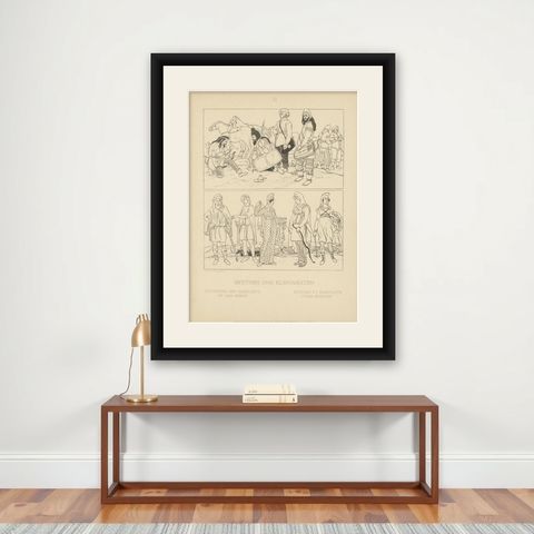 Ancient Scythians and Asia Minor Costumes, Antique Ethnographic Print, c.1905, shown framed on a wall