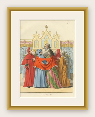 14th Century Italian Wedding, Clergy and Nobility in Antique Print, 1845, shown framed