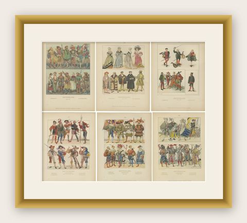 German Renaissance & Landsknecht Costumes 1500s, Set of 6 Antique Prints, 1880, shown framed