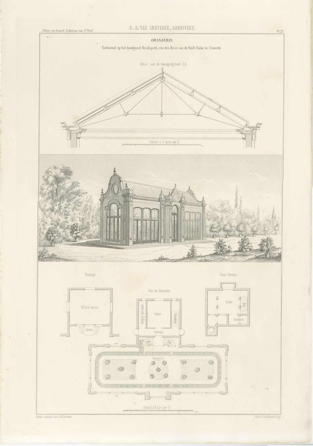 Orangery at Heidepark, Utrecht, Dutch Architecture Print, Leliman, 1865-1866