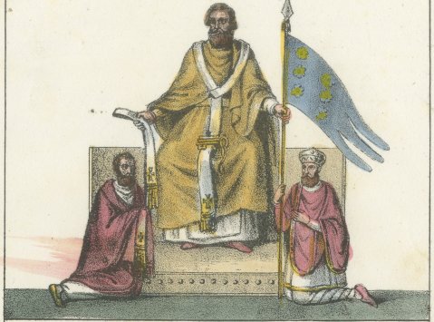 Charlemagne Enthroned and Saint Louis IX with His Queen, Lithograph, 1842, close-up 1