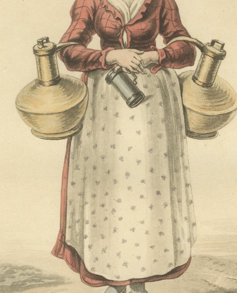 Milk Woman of Valenciennes with Brass Milk Cans, Antique Ackermann Print, 1817, close-up 2