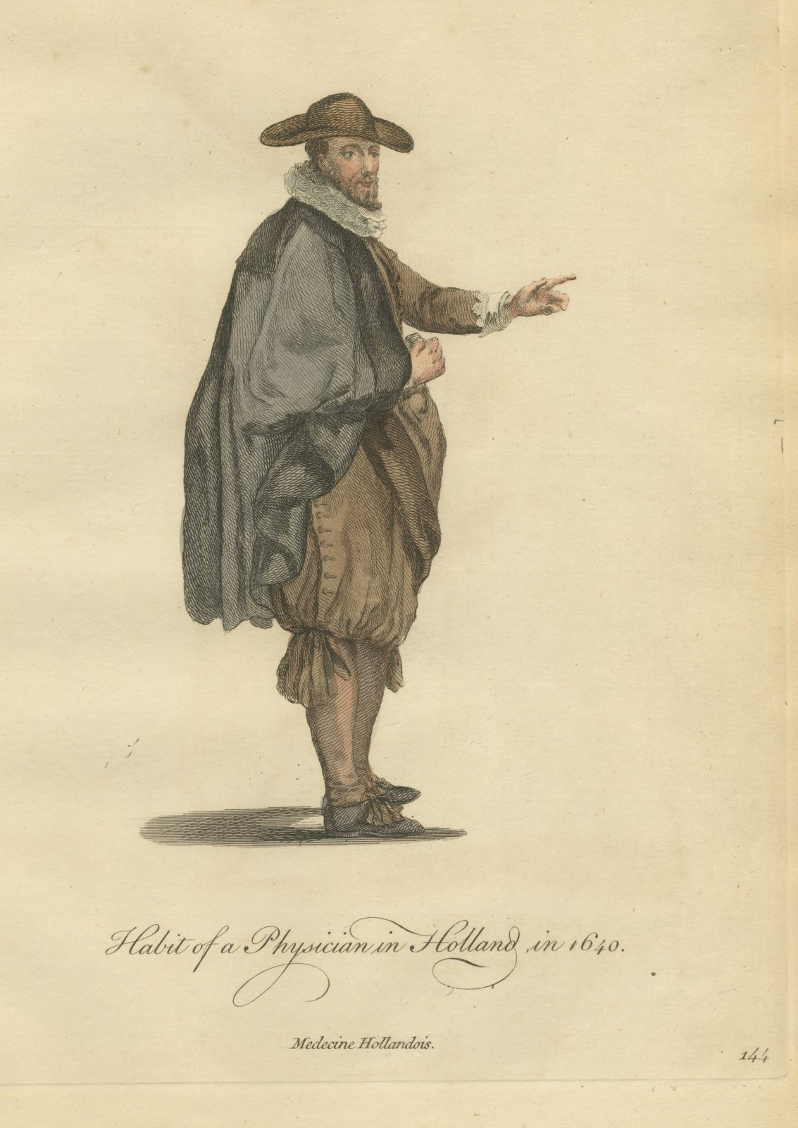 Physician in Holland in 1640, Hand Colored Jefferys Costume Plate, 1757