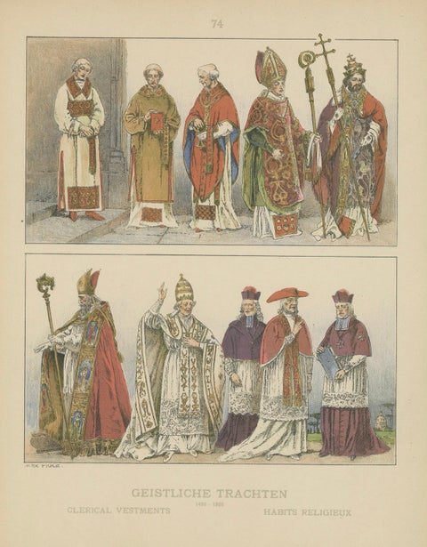Renaissance and Baroque Clergy Dress, Antique Lithograph, ca.1880, close-up 1