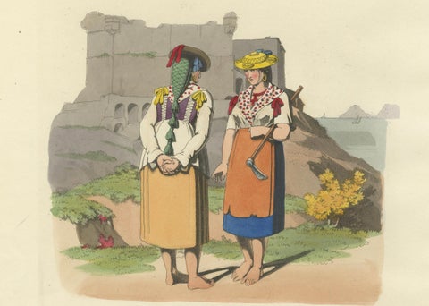 Costume Print: Peasant Women at Lerici in Italy, 1820s Hand-Colored Engraving, close-up 5