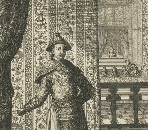 Antique Chinese Court Costume Engraving, Emperor & Palace Ladies, ca.1720, close-up 3