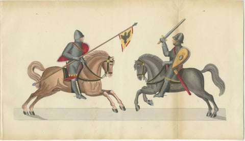 19th-Century Hand-Coloured Print of Armed Horsemen Bearing a Heraldic Banner, view 2