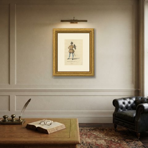 Habit of an English Man in 1577, Sword and Buckler, Jefferys Plate, 1757, shown framed on a wall