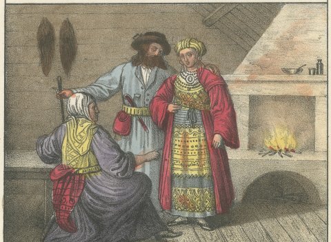 Nomadic Lapp Reindeer Camp and a Finnish Interior, Hand Colored Lithograph, 1842, close-up 2