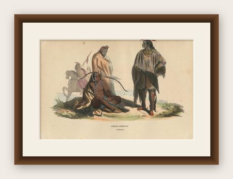 Antique Costume Print of Crow Indians by Wahlen '1843', shown framed