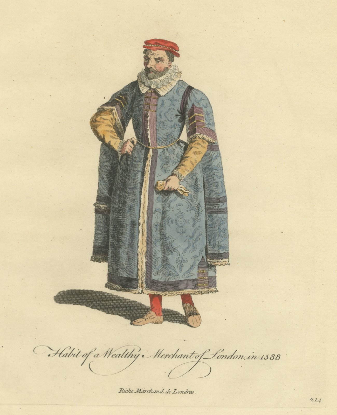 Wealthy Merchant of London in 1588, Fur Trimmed Gown, Jefferys Print, 1757