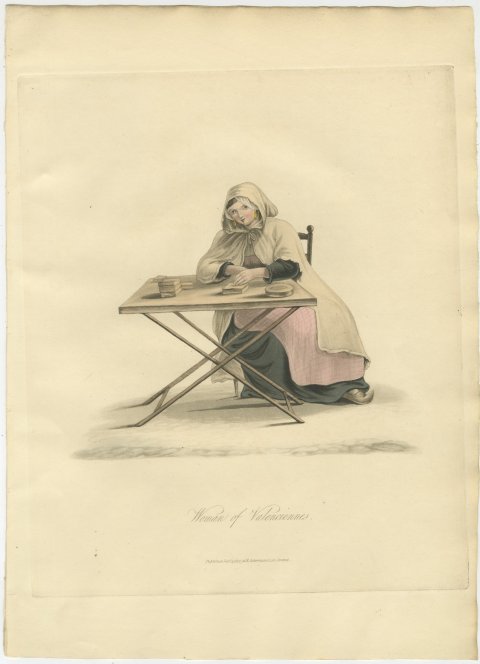 Woman of Valenciennes at her Table, Antique Ackermann Print, 1817, view 2