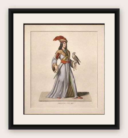 Medieval Falconer Figure, Hand-Colored Costume Engraving, France 1845, shown framed