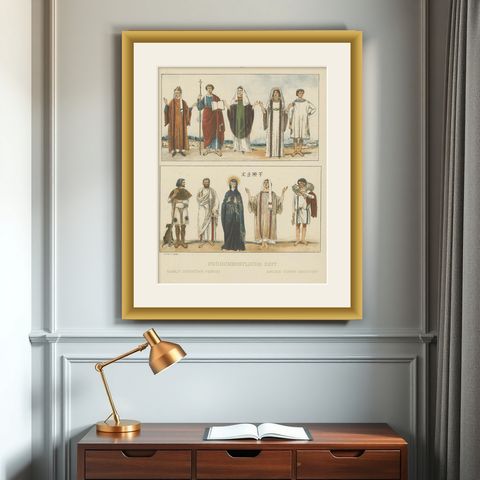 Early Christian Period Costume Plate, Antique Hand-Colored Print c.1880, shown framed on a wall
