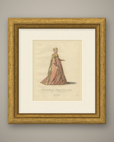 Young Lady of France in 1581 in a Rose Gown, Jefferys Costume Plate, 1757, shown framed