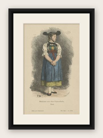 Antique Costume Print of a Girl from Val Pusteria, South Tirol, Italy, c.1880, shown framed
