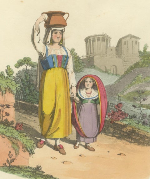 Tivoli Costumes & Temple of Vesta - 1819 Etching of Italian Heritage, close-up 4