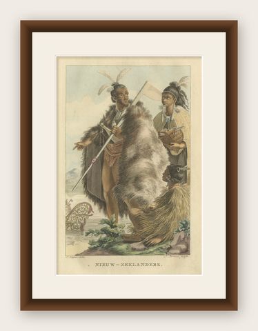 Maori Traditional Dress, Antique Hand-Colored Engraving, New Zealand, 1803, shown framed