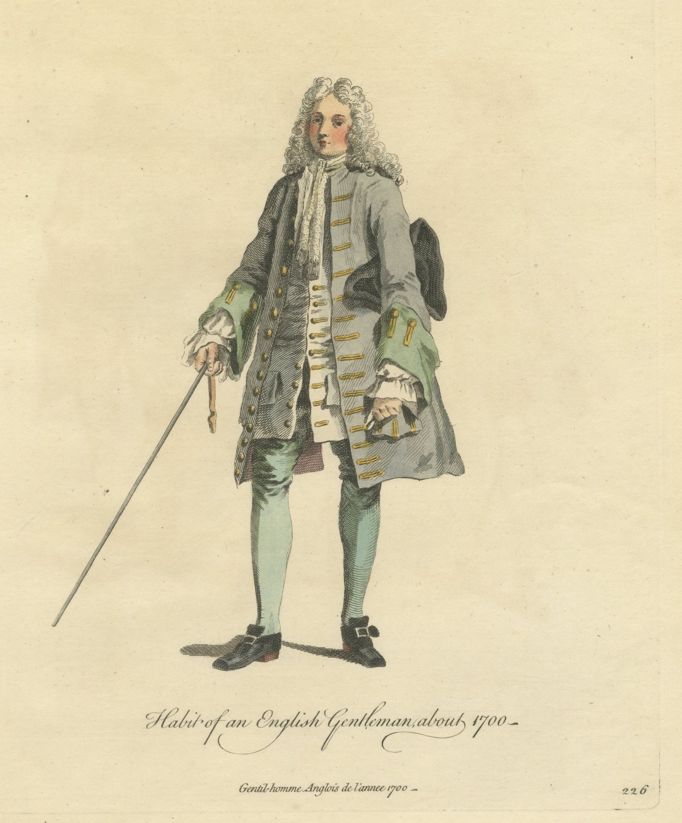 English Gentleman about 1700, Periwig, Cane and Tricorn, Jefferys Print, 1757